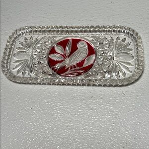 Vintage Hofbauer Byrdes German Red Bird Full Lead Crystal Tray Trinket Dish